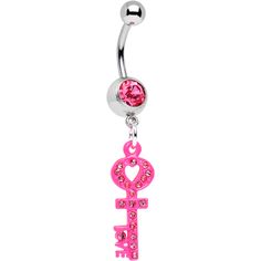 Pink Gem Open Your Heart to Love Pink Key Dangle Belly Ring | Body Candy Body Jewelry Pink Heart-shaped Belly Rings For Gift, Pink Dangle Belly Rings As Gift, Pink Heart Belly Rings For Valentine's Day, Pink Dangle Belly Rings For Gift, Heart-shaped Pink Belly Rings For Gift, Pink Heart-shaped Body Jewelry For Gift, Pink Heart Shaped Body Jewelry For Gift, Pink Heart Body Jewelry For Gift, Pink Body Jewelry For Valentine's Day Gift