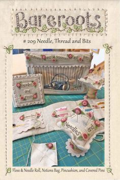 the front cover of a book with flowers and other sewing supplies on it's side