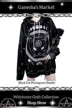 Witchy magical black cat hoodie. 🖤Ideas: Women's gothic clothing, pagan Wiccan fashion, grunge aesthetic, occult fashion. 🖤 Ganesha's Market is a fantasy-inspired gift shop featuring mystical creatures, esoteric symbols, ancient cultures, natural elements, pagan tradition and earthy bohemian aesthetics. You'll find pagan altar supplies, healing crystals, jewelery, home decor, unique clothing and more. Free U.S. shipping and cheap world-wide shipping on all orders. Punk Hoodie, Pakaian Hipster, Dyeing Fabric, Womens Sweatshirts Hoods, Hipster Outfits, Gothic Outfits, Goth Outfits, Clothes Shop, Harajuku Fashion