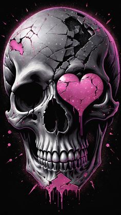 a skull with pink paint on it's face and the word love is in the middle