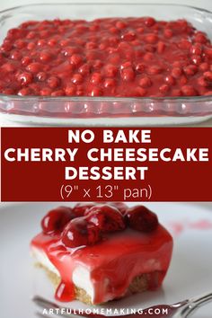 no bake cherry cheesecake dessert in a glass dish