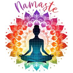 a person sitting in a lotus position with the words namaste on it