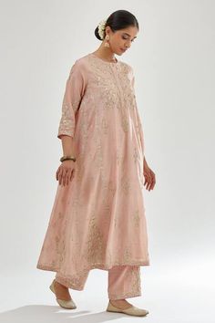 Buy Pink Kurta And Pant Silk Chanderi Embroidery Zari A-line Long Set For Women by Kora Online at Aza Fashions. Gota Embroidery, Sheer Dupatta, Chanderi Dupatta, Pink Kurta, Long Kurta, A Line Kurta, Embroidered Border, Beaded Neckline, Pattern Embroidery