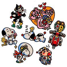 an image of some cartoon characters on a white background with hearts and arrows around them