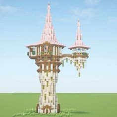 a tall tower with two towers on each side and plants growing out of the top