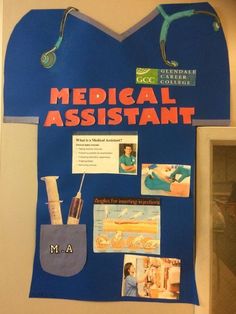 the medical assistant bulletin board is decorated with blue paper and various things to include in it