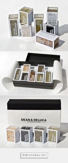 the packaging design for dean & deluca's new products is shown in three different boxes