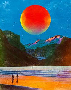 two people are walking on the beach under an orange moon over mountains and water at night