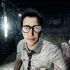 a man wearing glasses and a tie standing in front of a dead body with blood on it