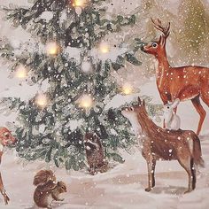 a painting of deer and other animals around a christmas tree