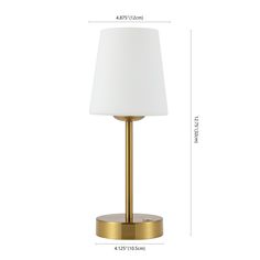 the brass table lamp has a white shade on it and is shown with measurements for the base