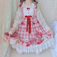 Original Design Strawberry Bear Lolita Dress JSK Suspender Skirt Kawaii Princess, Dress Kawaii, Japan Kawaii, Strawberry Dress, Plaid Baby, Kawaii Dress, Kawaii Fashion Outfits, Ruffles Fashion, Girl Princess Dress