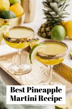 two coupe glasses with pineapple martini inside and fruit garnish on rim. Pineapple Martini Recipes, Vodka Melon, Pineapple Martini, Cocktail With Vodka, Types Of Alcohol, Pineapple Vodka, Lime Drinks