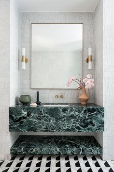 art deco look bathroom with green marble vanity, mosaic floor tiles, grey finger tiles and square mirror Marble Mosaic Bathroom, Green Marble Bathroom, White Marble Bathrooms, Marble Tile Bathroom, Marble Home, Mosaic Bathroom, Green Powder, Character Home, Mosaic Flooring