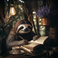 a slotty is sitting at a table with an open book and cup of coffee