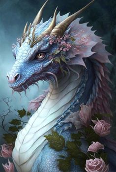 a blue dragon with flowers on its head