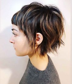 Short Bob Hairstyles With Bangs Straight, Choppy Short Bob With Fringe, Short Bob Shaved Side, Bob Undercut With Bangs, Grey Shaggy Bob Hairstyles, Choppy Short Bob With Bangs, Short Choppy Bangs With Long Hair, Back Of Short Bob, Shaggy Micro Bob