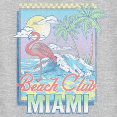 Remember: Not all who wander are lost, so get out there and have a little wanderlust with trendy new retro-inspired destination graphics from all around the world from Lost Gods! This Lost Gods Women's Beach Club Miami Scoop Neck Graphic T-Shirt features a fun, distressed graphic of a beach scene with a flamingo and palm trees, along with: "Beach Club Miami" in pink and green across the front. Go exploring with Lost Gods today! Miami Beach Club, A Beach Scene, Plus Size Beach, All Who Wander, Gods Girl, Girls Graphic Tee, Sleeve Packaging, Graphic Tee Design, Beach Scene