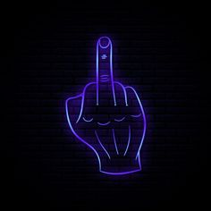 a hand making the middle finger sign on a dark brick wall with neon blue lighting