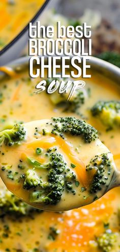 broccoli cheese soup in a bowl with a spoon