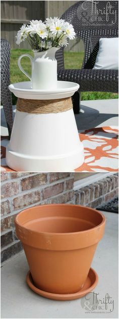 two different views of an outdoor table with flowers in the center and on top of it