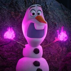 the frozen queen from disney's frozen kingdom is lit up with purple light and flames