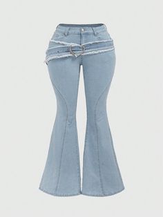 Women's Plus Size Flared Casual Jeans With Waist Corn And Buckle Design, School Baby Blue    Denim Plain Flare Leg High Stretch  Women Plus Clothing, size features are:Bust: ,Length: ,Sleeve Length: Different Jean Styles, Low Rise Bell Bottom Jeans, Women's Flared Jeans, Bell Bottom Outfit, Blue Flared Jeans, Jeans Trousers Women, Punk Jeans, Ring Decoration, Punk Woman