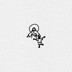 a black and white drawing of a person with a cross on their head, holding a baby jesus