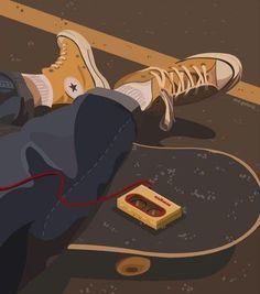 a person laying on top of a skateboard next to a box and shoelace