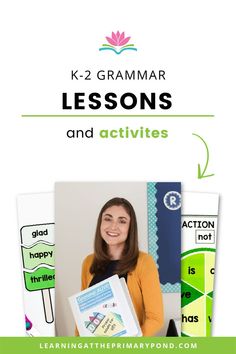 a woman holding a book with the words k - 2 grammar lessons and activities on it