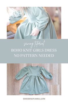 Boho Knit Girl's Dress - No Pattern Needed Sewing Tutorial Jersey Knit Dress Pattern Free, Free Kids Clothing Sewing Patterns, Little Baby Girl Dress Pattern, Free Kid Sewing Patterns, Simple Girls Dress Pattern, Baby Girl Sewing Projects, Sewing Kids Clothes Patterns