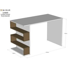 a drawing of a desk with shelves and drawers on it's sides, showing the measurements