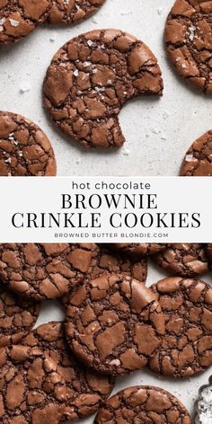 chocolate brownie crinkle cookies on a baking sheet with the words hot chocolate