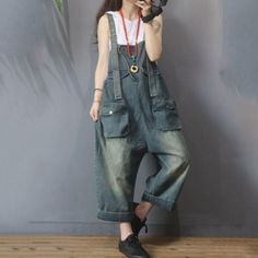 Comfortable, One of Kind. Overalls online shop,|Street|Denim|Solid Color|Full Length|Pocket|Pullover|Wide Leg|Female|Denim Blue|Black|One Size|Summer|Hand Wash Farmer Overalls, Ripped Overalls, Baggy Fashion, Shop Street, Overalls Casual, Denim Dungarees, Loose Jumpsuit, Linen Jumpsuit, Jumpsuit Online