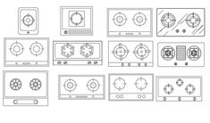 a line drawing of different types of stoves and burners in various positions, with the