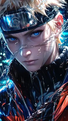 an anime character with blue eyes and blonde hair wearing a helmet, in the rain