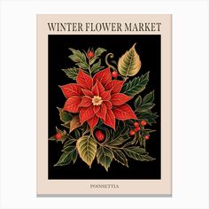 the front cover of winter flower market, featuring poinsettia and holly leaves