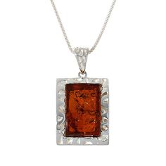 Amber Extraordinaire Amber Rectangle Sterling Silver Pendant w/Chain Set in a textured silver frame, this rectangular amber looks alluring at every angle.       Pendant approx. 1-13/16"L x 15/16"W     Chain approx. 20"L     Stamped .925 sterling silver; polished, textured finish     Popcorn chain with adjustable sliding bead and lobster-claw clasp; amber bead on chain   Stone Information       All sizes and weights approximate     Pressed Honey Amber - Rectangular (25x15mm), smooth bead (6mm); s Silver Rectangular Necklace With Polished Finish, Classic Brown Rectangular Jewelry, Orange Rectangular Jewelry As Gift, Rectangular Necklace With Polished Finish For Formal Occasions, Formal Rectangular Necklace With Polished Finish, Rectangular Amber Jewelry Gift, Elegant Amber Rectangular Pendant Jewelry, Elegant Amber Rectangular Jewelry, Formal Orange Rectangular Jewelry