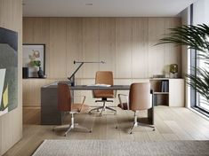 an office with wood paneling and leather chairs in the corner, along with a rug on the floor