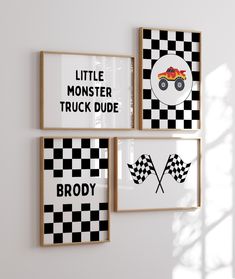 three framed pictures hang on the wall next to each other, one has a monster truck and two are checkered flags