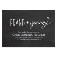 a black and white wedding card with the words grand + gening on it in cursive font