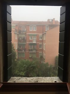 an open window looking out onto a building with balconies and plants in the foreground