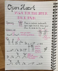 open heart yoga for the upper back pain written in pink ink on lined notebook with handwritten instructions