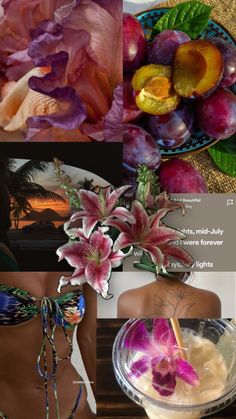 a collage of photos with flowers, fruit and jewelry on display in front of a woman's back