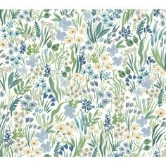 a floral wallpaper with blue and green flowers