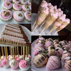 there are many different desserts on the table and one is decorated with pink icing