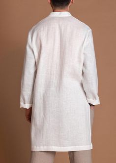 Regular Fit Long Sleeves White Flax Top Tunic For Men Kurta Short, Kaftan Kurta, Indian Kurta, Summer Linen, Short Shirts