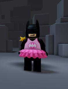 the lego batman character is dressed up as a pink and black dress with a yellow star