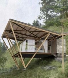 an artist's rendering of a small cabin in the middle of a grassy area