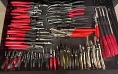 a tool box filled with lots of different types of scissors and pliers in it